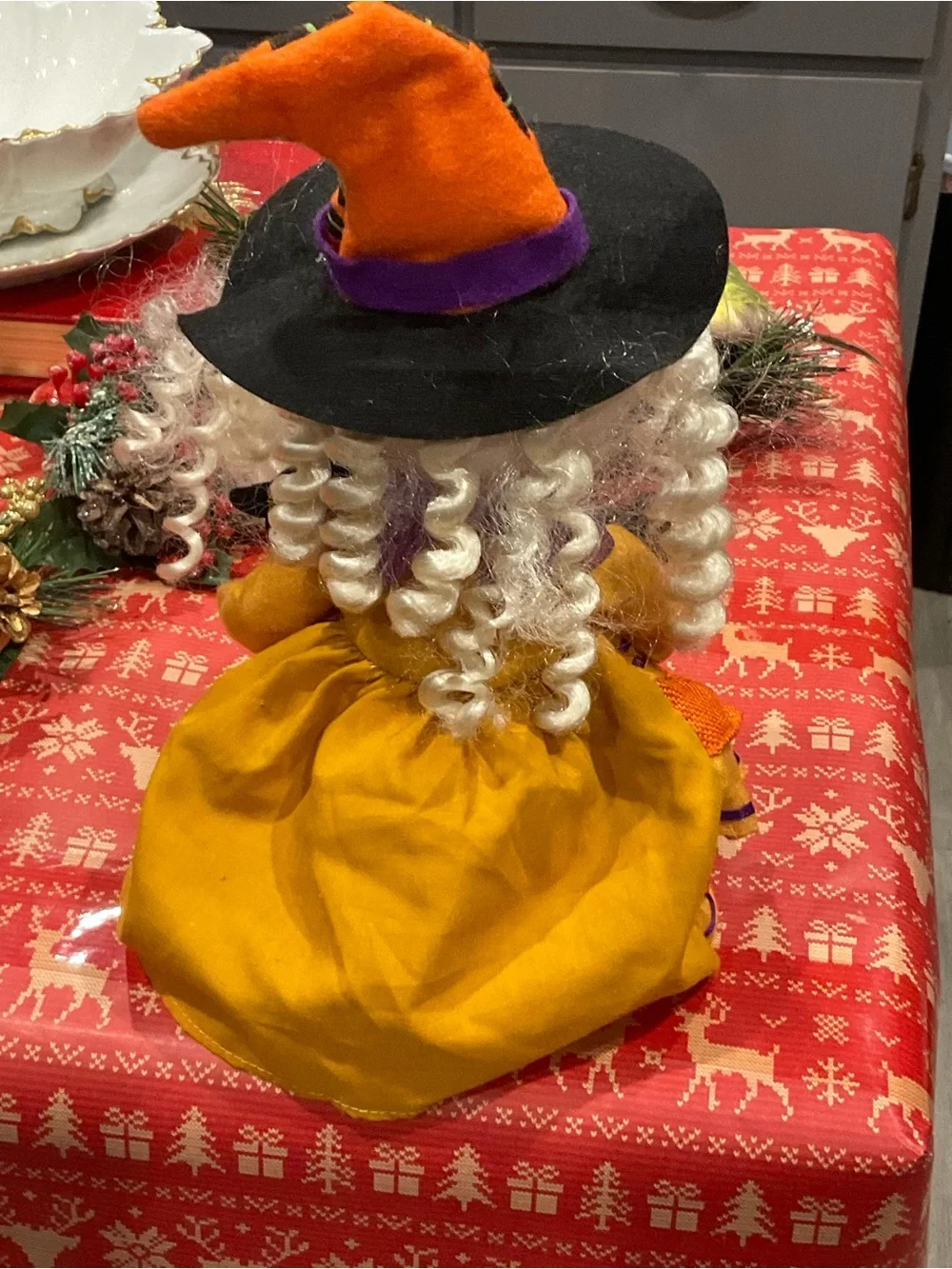 BP-Shelf-Sitting Witch Doll in Orange and Purple - Decorative Plush Figure